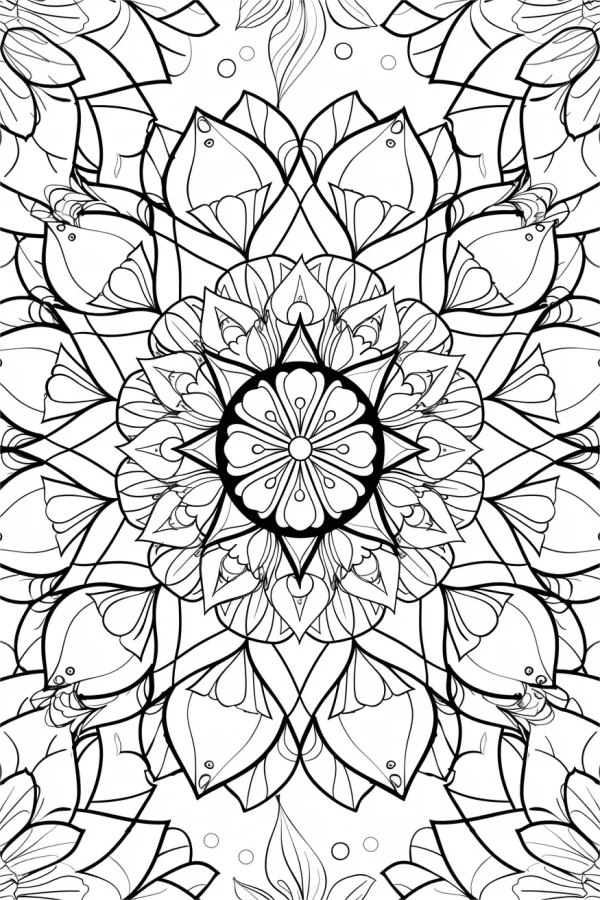 Intricate mandala pattern with floral and leaf outlines, abstract art style — free printable zen coloring book page
