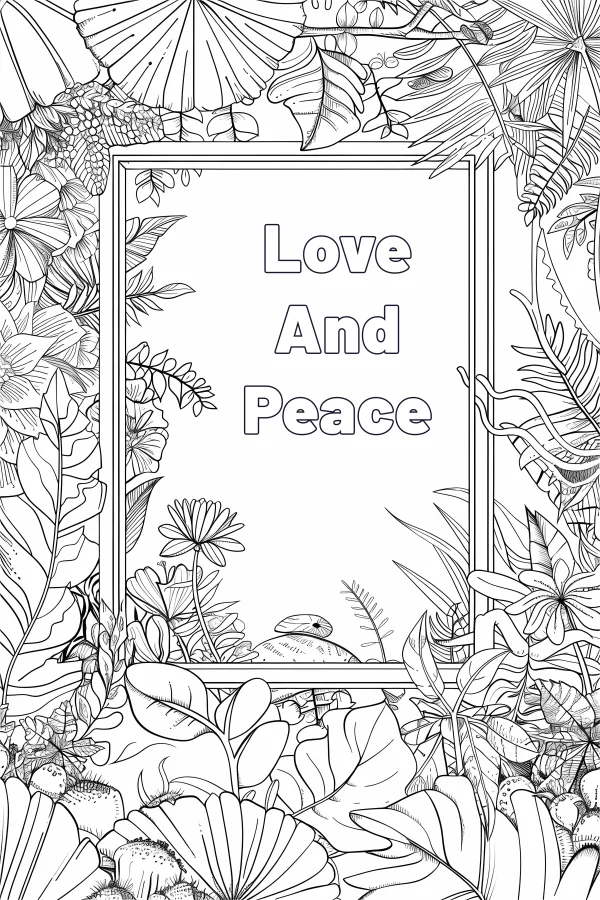 'love and peace' text frame surrounded by various plants, flowers — free printable peace coloring book page