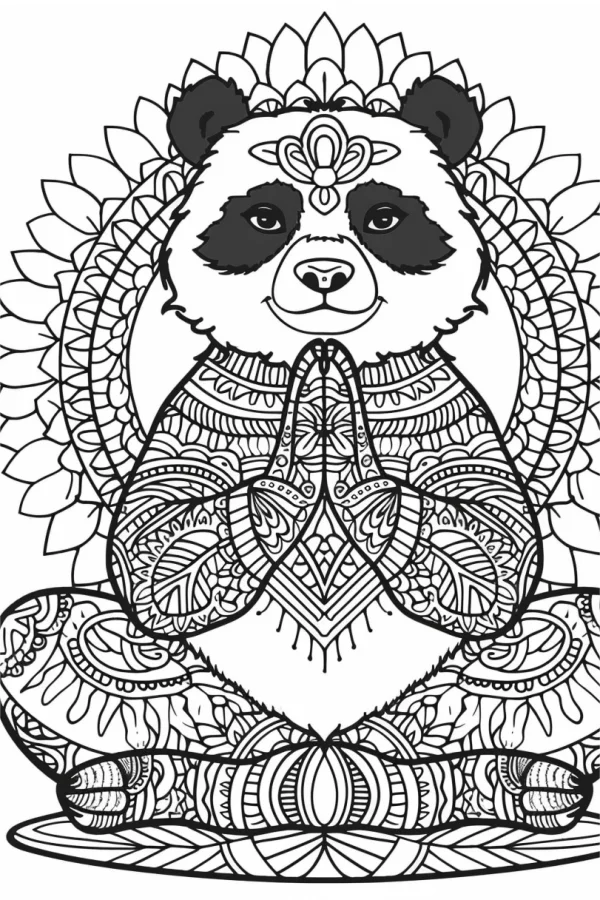 Mandala-style panda in yoga prayer pose, intricate zentangle patterns all over body and lotus halo behind — free printable yoga coloring book page