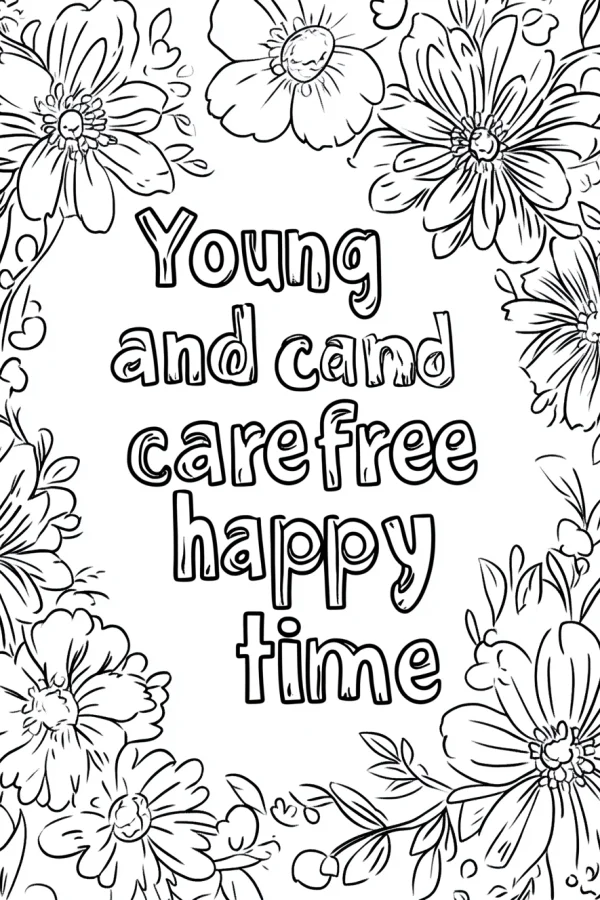 Floral border with text 'young and cand carefree happy time', cartoon style — free printable joy coloring book page