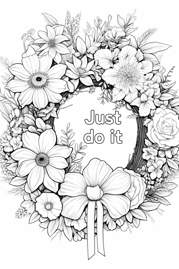 Floral wreath with various flowers, roses — free printable decor coloring book page