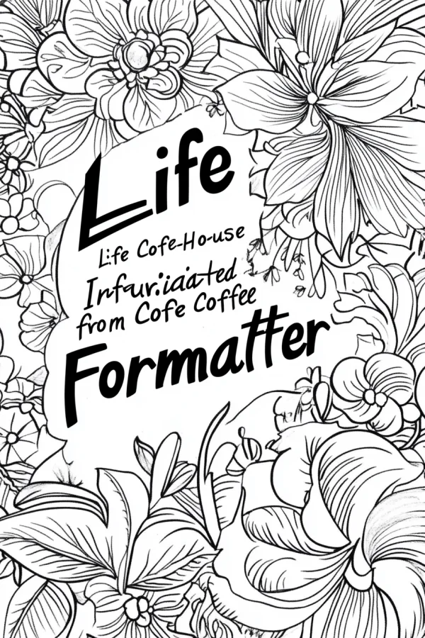 Floral patterns surrounding coffee-themed text "life cofe-house", hand-drawn line art — free printable coffee coloring book page