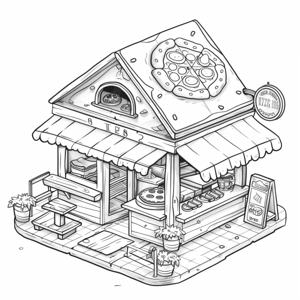 Cartoon pizza cottage shop, isometric perspective — free printable shops coloring book page
