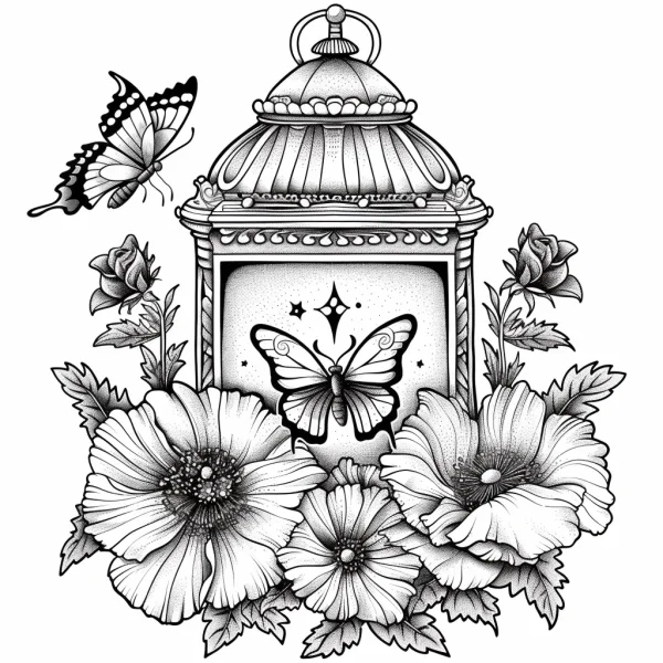 Vintage lantern surrounded by poppies, roses and butterflies — free printable object theme coloring book page