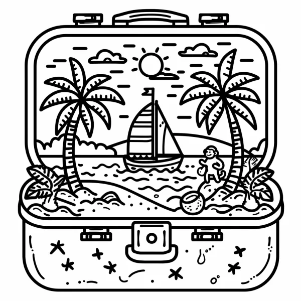 Beach vacation scene inside a suitcase, cartoon style — free printable vacation coloring book page