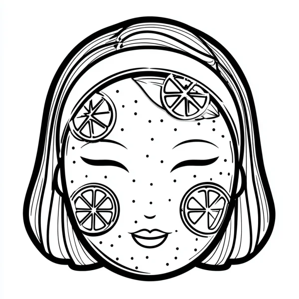 Girl with lemon slice face mask and headband, cartoon style — free printable beauty care coloring book page