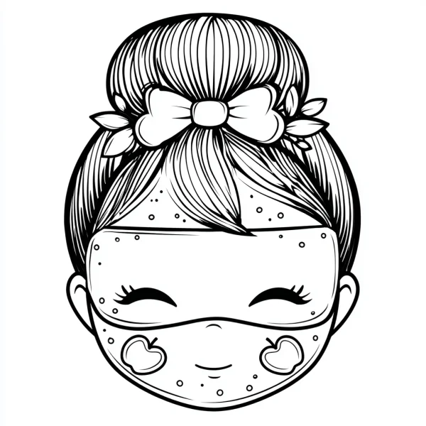 Cartoon girl applying facial mask with apple patterns, cartoon style — free printable beauty care coloring book page