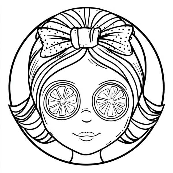 Girl with lemon slice eye masks, cute cartoon style — free printable beauty care coloring book page