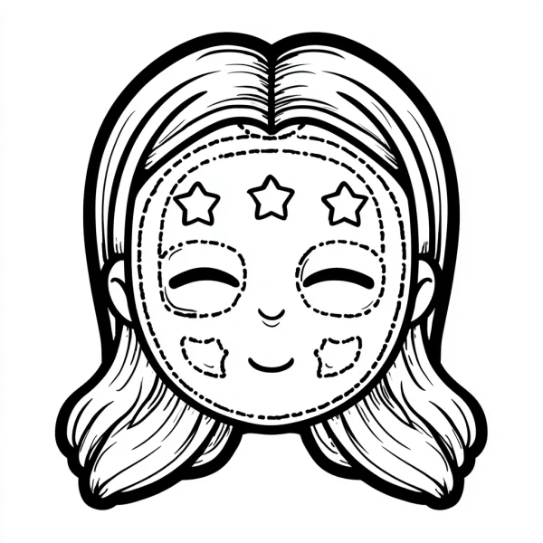 Cute girl wearing a facial mask with stars, cartoon style — free printable beauty care coloring book page