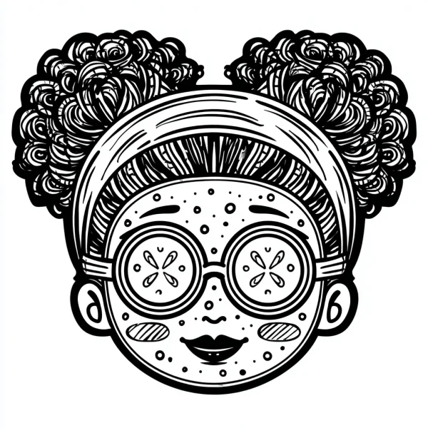 Cute curly-haired girl with cucumber eye masks, cartoon style — free printable beauty care coloring book page