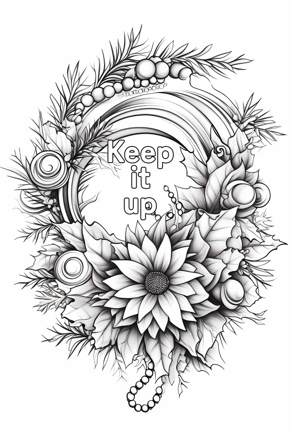 Coloring book page, floral decorative wreath with pine branches — free printable decor coloring book page