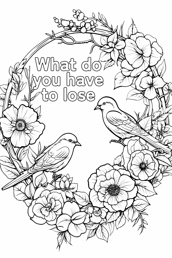 Floral wreath with two birds, illustration style — free printable birds coloring book page