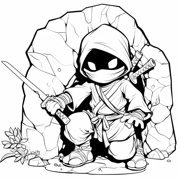 Cartoon chibi ninja, squatting in front of rocky cave entrance — free printable ninja coloring book page