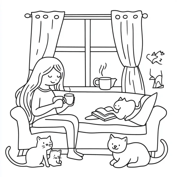 Girl sitting on sofa with multiple cats, holding mugs — free printable daily coloring book page