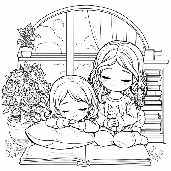 Two girls cuddling and reading with a kitten, cartoon style — free printable parent-child coloring book page