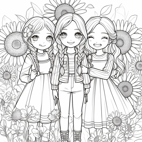 Three cartoon girls (twin braids, double braids — free printable children's life coloring book page