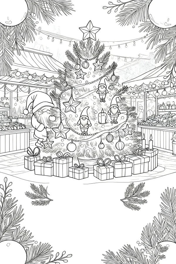 Christmas tree with cute gnomes, cartoon style — free printable market coloring book page