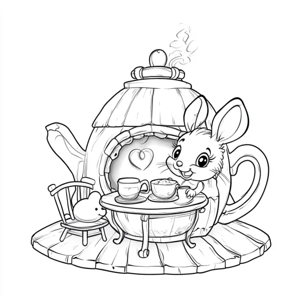 Cute rabbit having tea in front of teapot-shaped house, cartoon fairy tale style — free printable afternoon tea coloring book page