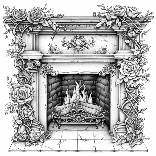Coloring book page, european style fireplace decorated with rose vines and flowers — free printable home scene coloring book page