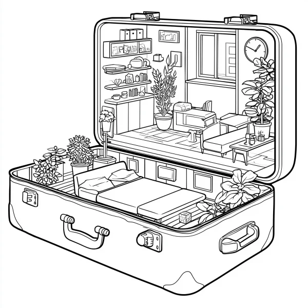 Miniature room inside an open suitcase, cartoon style — free printable miniature scenes coloring book page