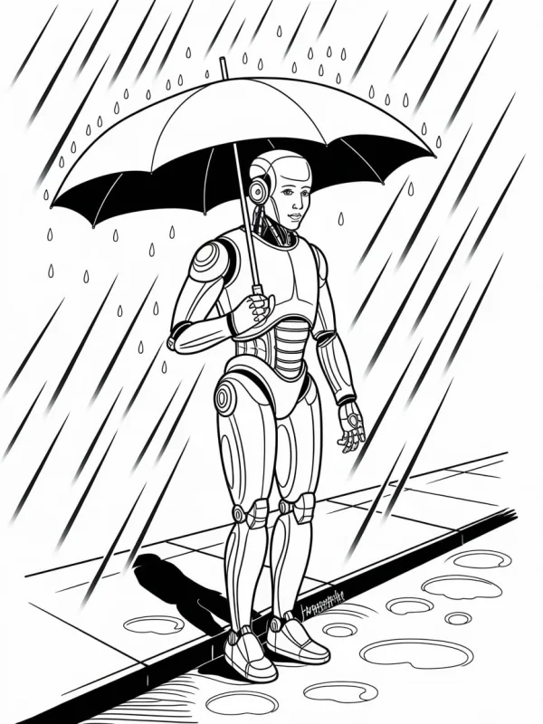 Humanoid robot holding an umbrella, sci-fi style — free printable urban daily life coloring book page