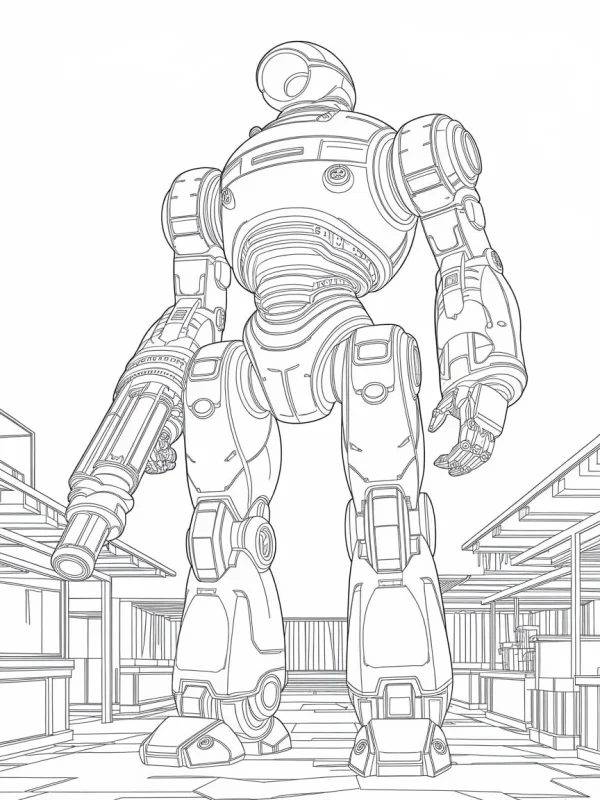 Heavy armed combat robot, sci-fi style — free printable robot coloring book page