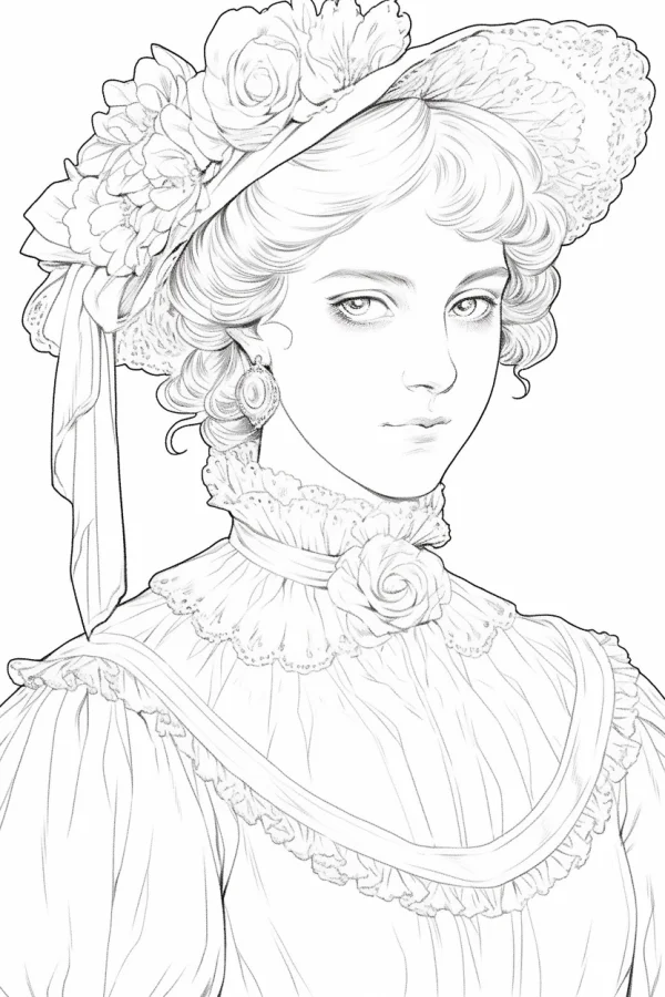 Victorian-style vintage woman, retro art style — free printable victorian coloring book page