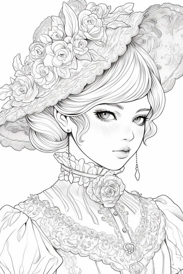 Vintage victorian-style girl wearing a floral wide-brimmed hat, retro victorian art style — free printable victorian coloring book page