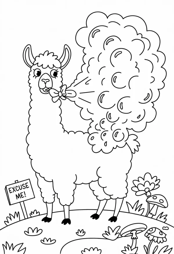 Funny alpaca with a bow tie and a large fluffy cloud, cartoon style — free printable humor coloring book page