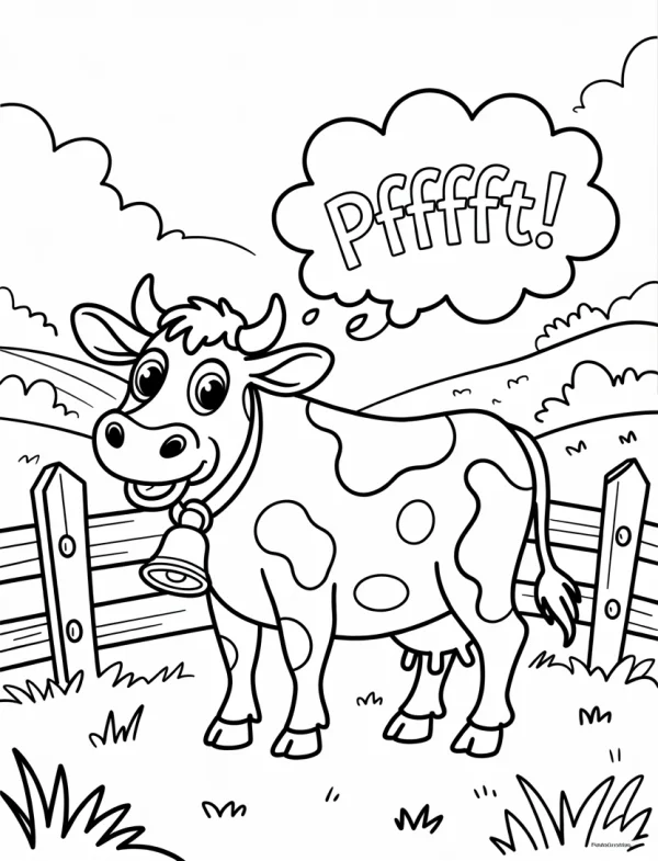Cute cartoon cow with a bell around its neck, farm scene with wooden fence and grass hills — free printable farm life coloring book page