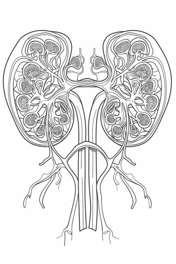 Anatomical line art of human kidneys, medical illustration style — free printable medical popular science coloring book page