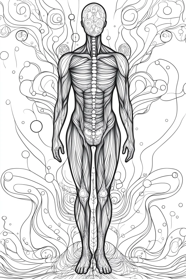 Line art of muscular human body decorated with abstract patterns, abstract line art style — free printable human body coloring book page