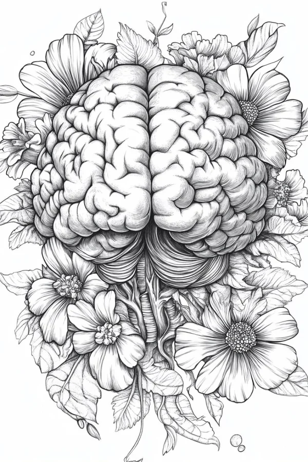 Human brain surrounded by various flowers and leaves, realistic line art style — free printable human body coloring book page