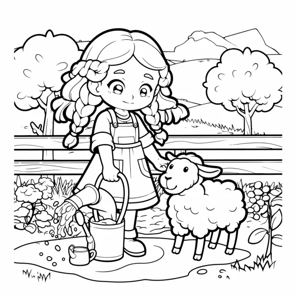 Cartoon braided girl with a little lamb, farm scene with trees — free printable farm life coloring book page