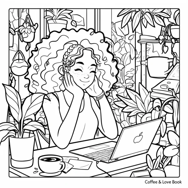 Curly-haired girl working on laptop, surrounded by various potted plants — free printable office coloring book page