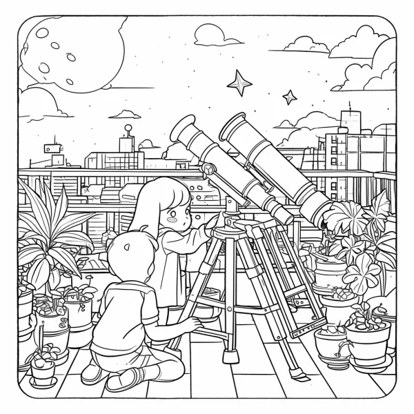 Children stargazing with telescopes on urban rooftop, cartoon style — free printable starry sky coloring book page