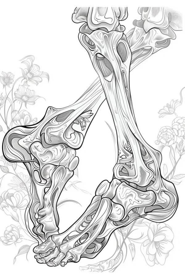 Coloring book page, foot skeleton surrounded by lilies and peonies — free printable human skeleton coloring book page