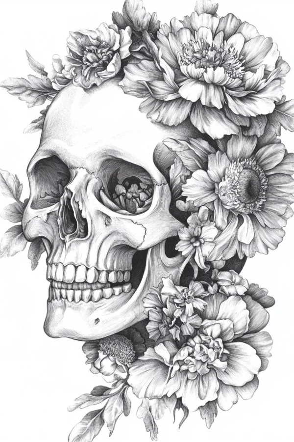Realistic skull surrounded by peonies and sunflowers, gothic realistic style — free printable goth culture coloring book page