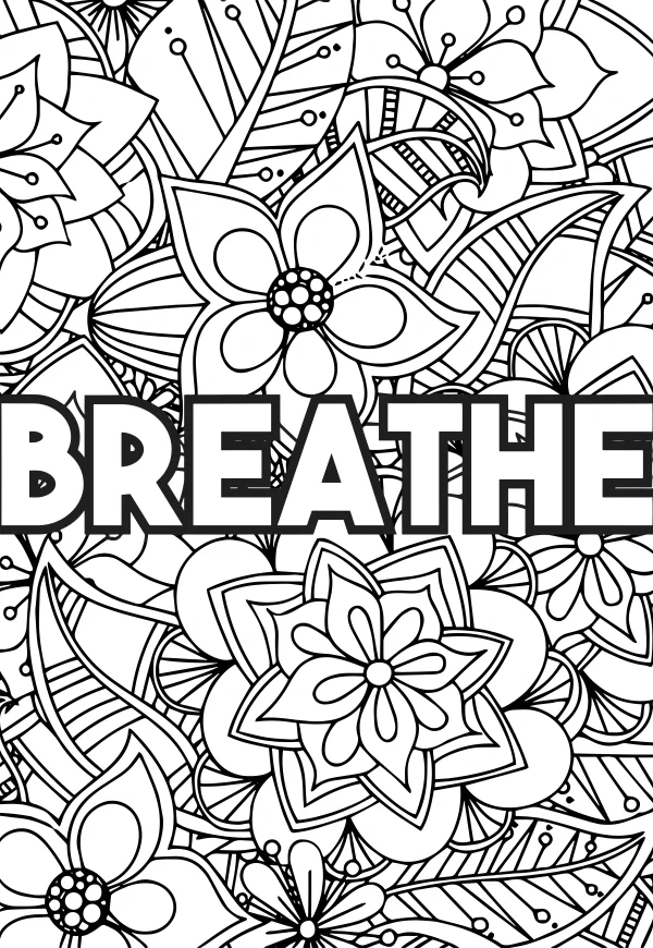 Floral zentangle mandala with bold outline text 'breathe', zen meditative art style — free printable meditation coloring book page