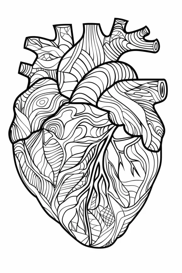 Zentangle style human heart, intricate abstract patterns with spirals — free printable creative art coloring book page