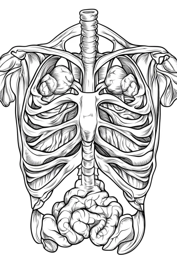 Human chest and abdominal anatomy line art, realistic sketch style — free printable medical popular science coloring book page