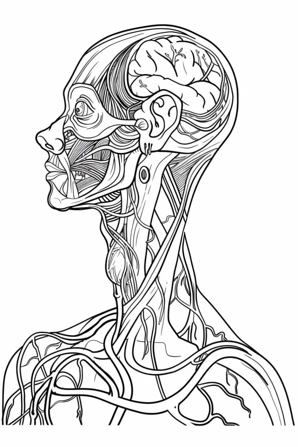 Human head and neck anatomy line art, realistic anatomical illustration — free printable popular science coloring book page