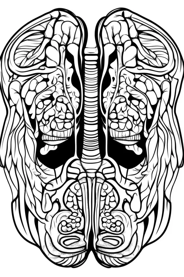 Symmetrical horror human anatomical organ (lung) line art with hidden skull details, dark abstract style — free printable human anatomy coloring book page