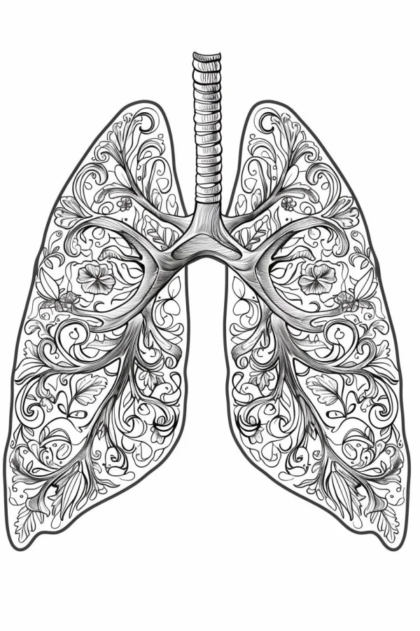 Human lungs decorated with intricate floral and vine patterns, decorative art style — free printable creative art coloring book page