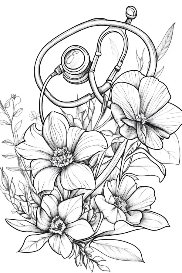 Stethoscope intertwined with flowers and leaves, realistic sketch style — free printable healthcare profession coloring book page