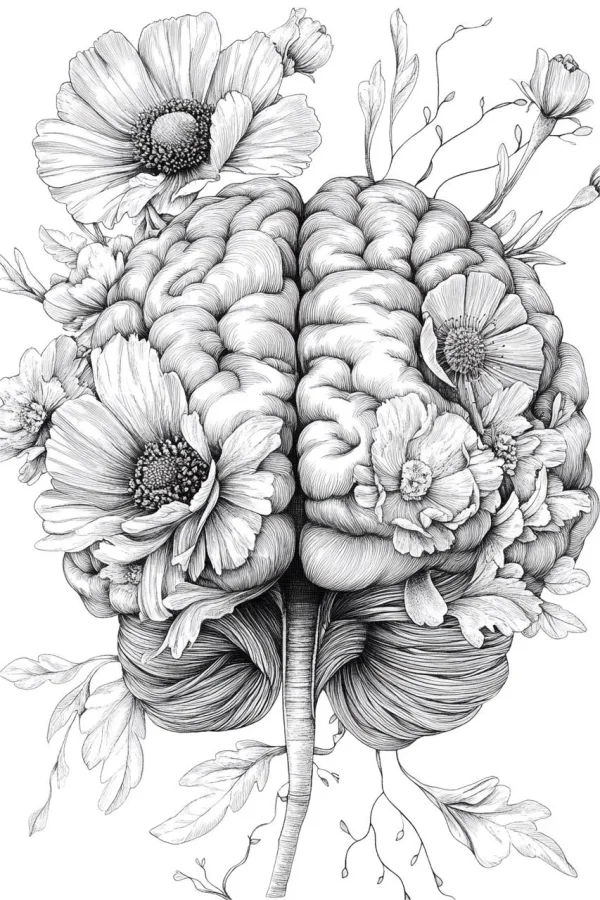 Human brain fused with various flowers, sketch art style — free printable human body coloring book page