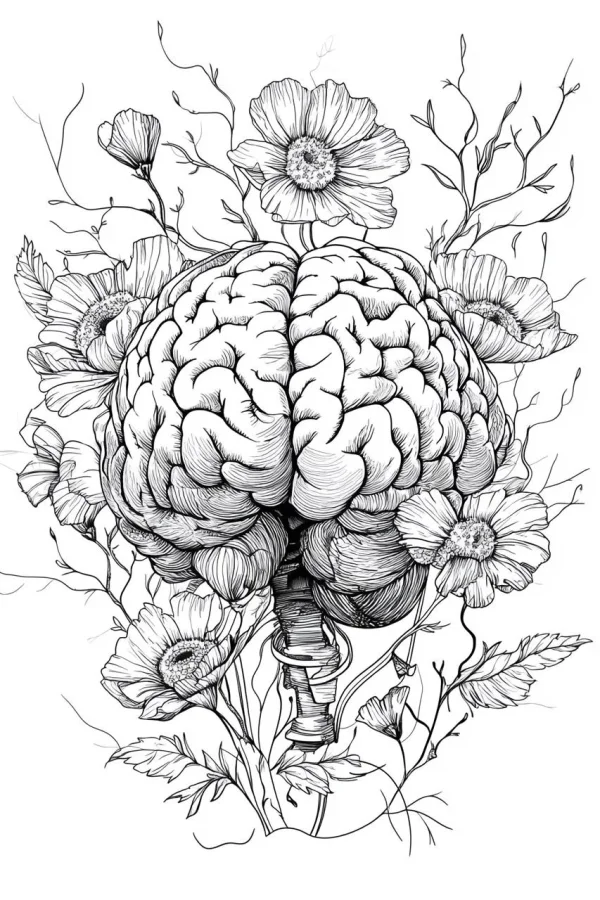 Human brain surrounded by cosmos flowers, realistic line art style — free printable human body coloring book page