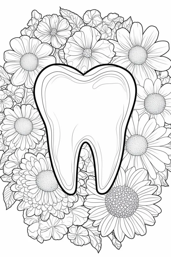 Tooth surrounded by various daisies and chrysanthemums, line art style — free printable health coloring book page