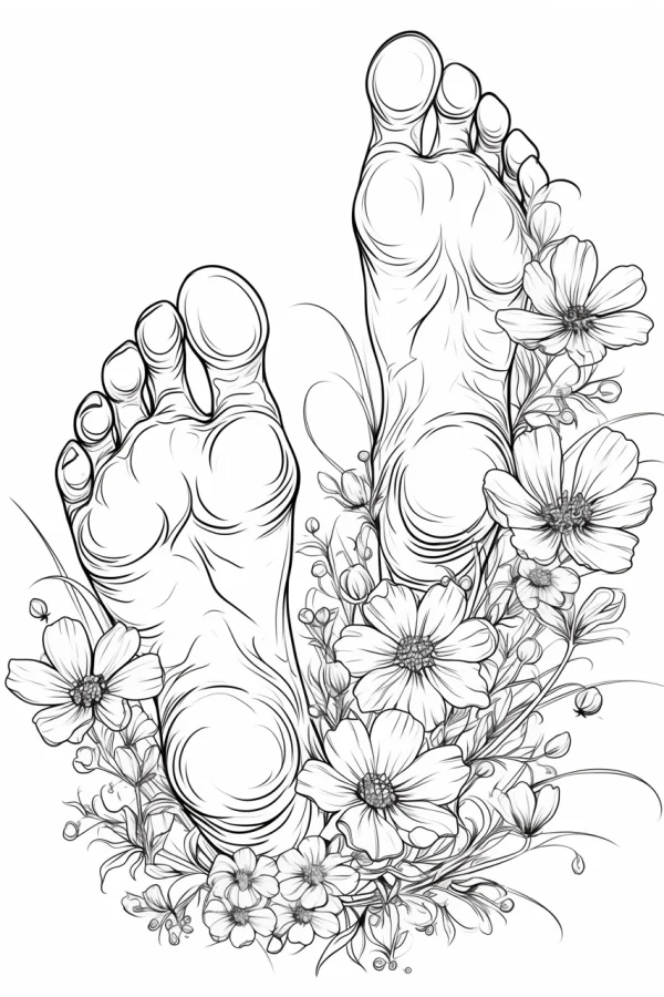 Human feet surrounded by cosmos flowers, realistic line art style — free printable human body coloring book page