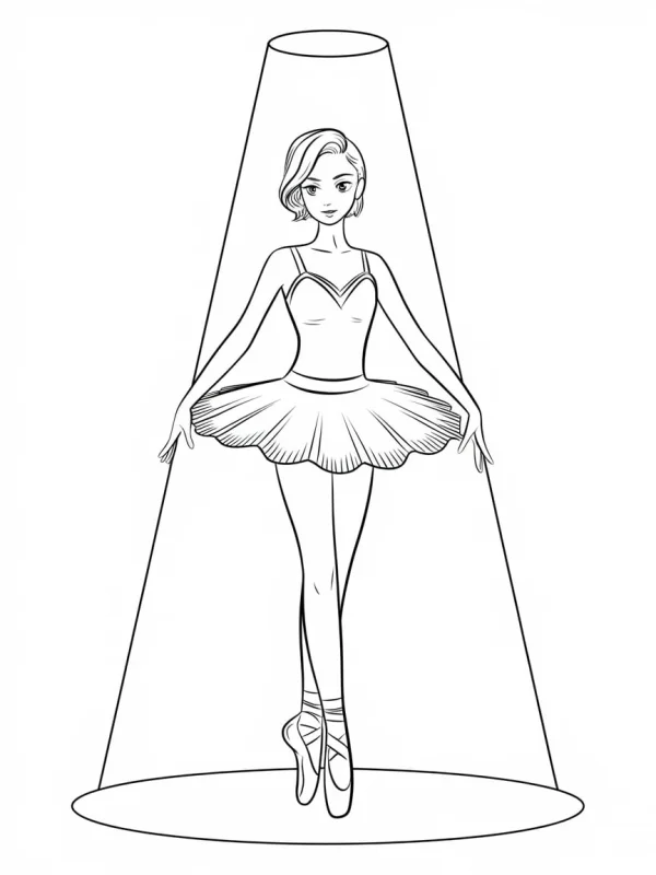 Ballet dancer on stage under spotlight, wearing tutu and pointe shoes — free printable dance coloring book page